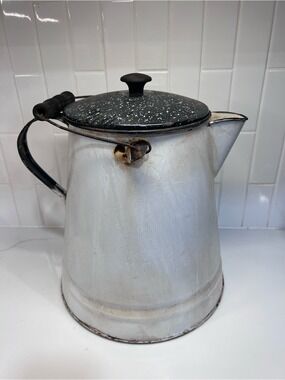 Vintage Enamelware White Cowboy Kettle XL Coffee Pot Rustic Farmhouse Decor